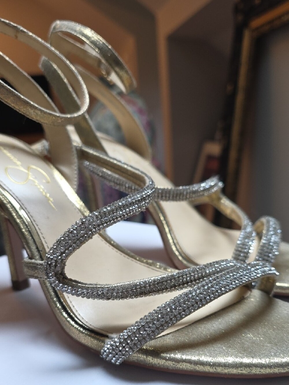 Jessica Simpson Gold Shimmer Sand Fabric Heels